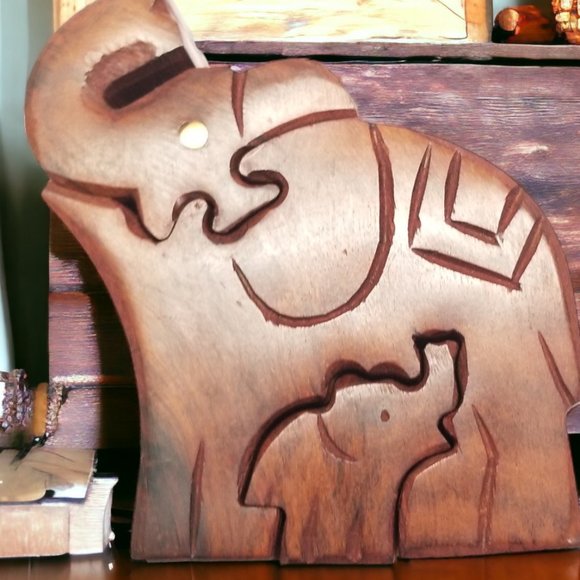 Wood Puzzle Box Elephant & Calf Handmade Secret Lock Jewelry Box Keepsake decor - Picture 11 of 11